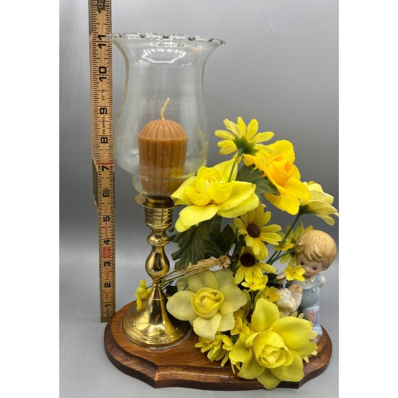 Vtg Brass Hurricane Candle Holder Yellow Floral Porcelain Boy w/ Lamb - Picture 5 of 5